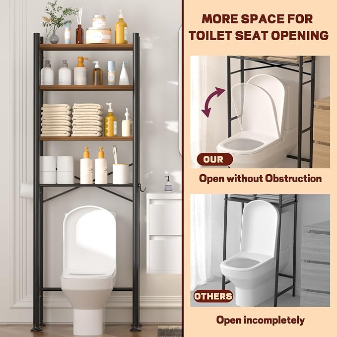 GloTika 4-Tier Over Toilet Storage with Anti-Tilt Safety System - 150lb Total Capacity Metal Bathroom Shelves Including Paper Holder & 4 Hooks, Space Saving Above Commode Organizer (69.3" H, Brown)