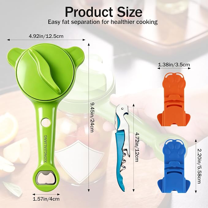 Adjustable Jar Opener for Weak Hands, 4-in-1 Multi-Function Manual Bottle Opener and Corkscrew Set for Seniors with Arthritis, Universal Lid Gripper Kitchen Gadget for All Jar Sizes (green)