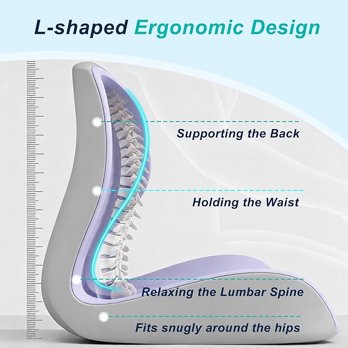 Seat Cushion for Office Chair and Car, Lumbar Support Pillow for Office Chair, Memory Foam Ergonomic Seat Cushion for Long Sitting, Back & Tailbone Pain, Sciatica - Purple & Gray
