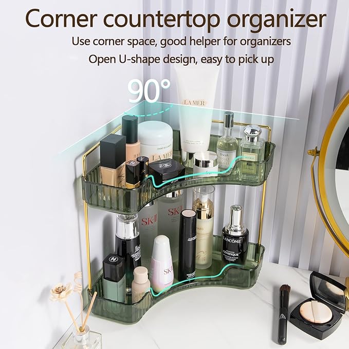 shuang qing 2-Tier Corner Bathroom Counter Organizer – Storage Shelf for Makeup, Perfume & Skincare, Space-Saving Countertop Tray Fits Bathroom, Dresser, Kitchen (Green)
