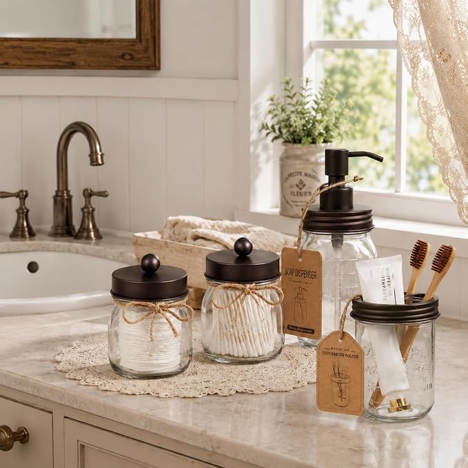 SheeChung 6Pcs Mason Jars Bathroom Accessories Set Complete - Toothbrush Holder, Lotion Soap Dispenser, 2 Mason Jars, Soap Dish, Toilet Paper Basket, Rustic Farmhouse Decor (Brown, 6Pcs Bathroom Set)
