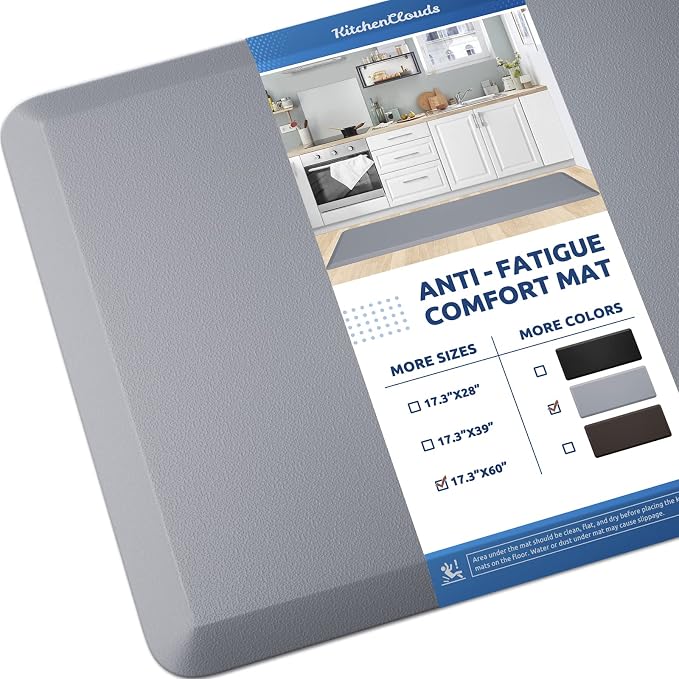 KitchenClouds Kitchen Mat Cushioned Anti Fatigue Kitchen Rug 17.3"x60" Water Resistant Non Slip Kitchen Rugs and Mats Standing Desk Mat Comfort Floor Mats for Kitchen House Sink Office (Grey)