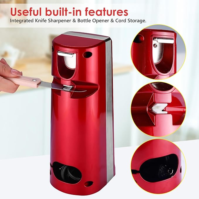 Davivy Can Opener Electric,Removable Stainless Steel Cutter and 3-in-1 Design with Sharpener and Bottle Opener (Red)