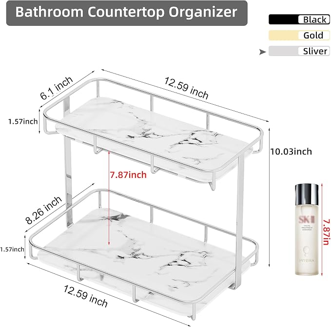 Bathroom Organizer Countertop Perfume Organizer Makeup Organizer Cosmetics Storage Display Rack Vanity Tray Dresser Stainless Steel Gold Shelf White Marble Ceramic Tray