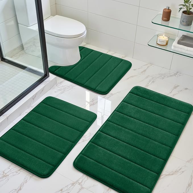 BYSURE Dark Green Memory Foam Bathroom Rug Set 3 Piece, Non Slip Extra Soft Absorbent Machine Washable Toilet Bath Toilet Mat (17"x24"+20"x32"+U Shape 20"x24")