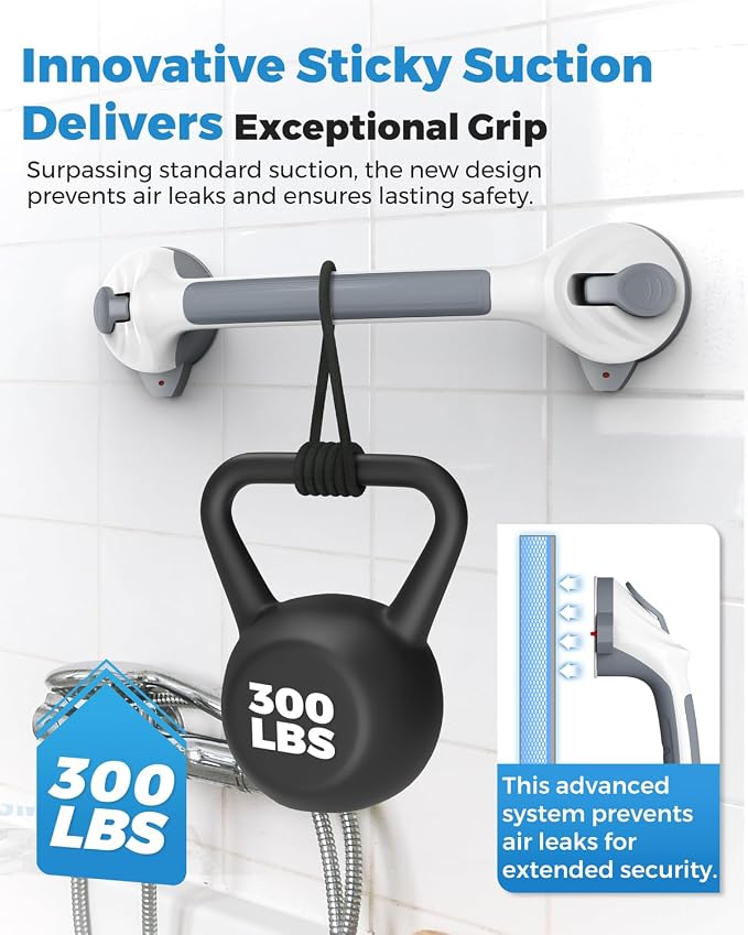 2 Pack 16.5" Suction Grab Bars for Showers with Visual Safety Indicator, No-Drill 4mm Thickened Handicap Shower Handle for Seniors, Non-Slip Bathroom Balance Rail for Smooth Tiles & Tubs