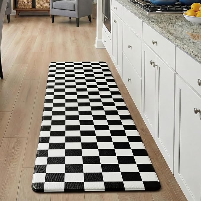 Checkered Grid Black Checkerboard Kitchen Rug, Anti-Fatigue, Waterproof Non-Slip Kitchen Mat Heavy Duty Ergonomic Comfort Foam Rug for Floor, Home, Laundry,17.3"x59"