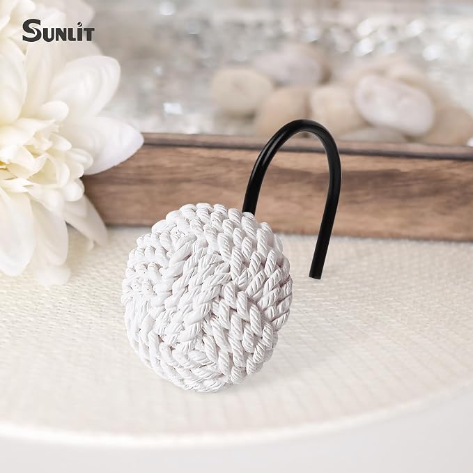 Sunlit Boho Knots Shower Curtain Hooks, Home Decorative White Shower Curtain Rings with Black Hooks for Bathroom, Seaside Nautical Shower Curtain Hangers Bathroom Accessories, Set of 12