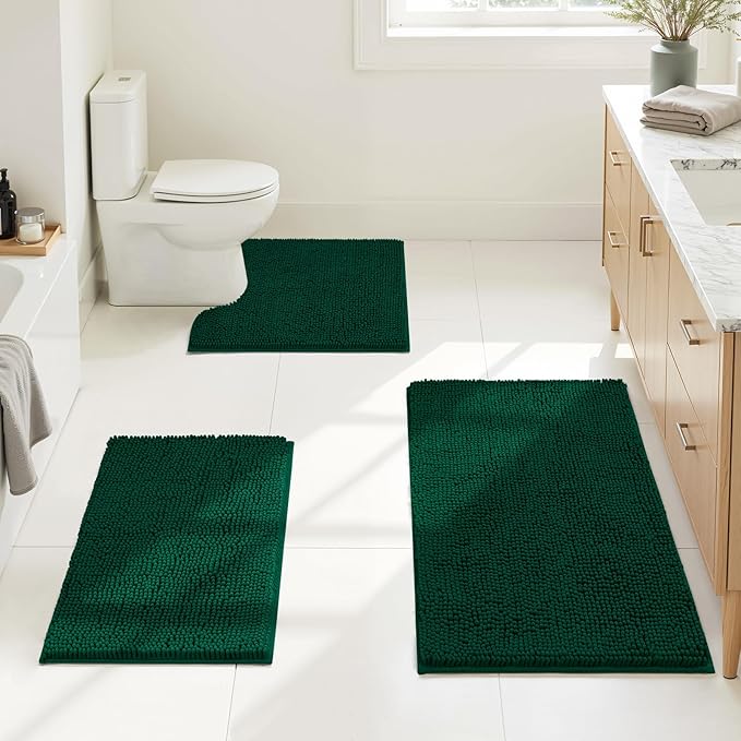 HOMEIDEAS 3 Pieces Bathroom Rugs, Ultra Soft Non Slip Absorbent Chenille Toilet Bath Mat Set (Dark Green)