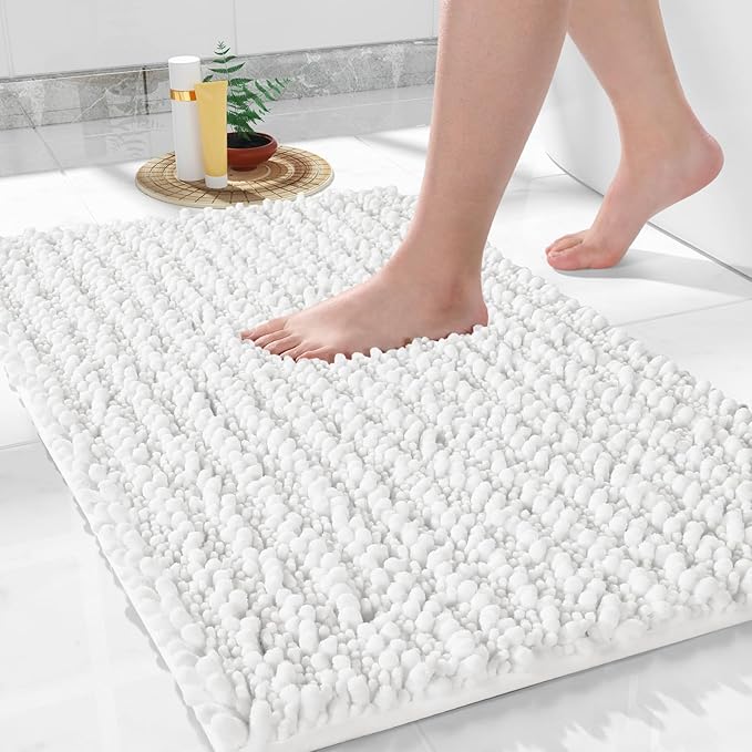 Yimobra Bathroom Rugs Non Slip Washable - Ultra Soft Absorbent Chenille Bath Mat, Quick Dry Shaggy Floor Carpet for Tub Shower, White Home Decor Accessories, 24x17 Inch