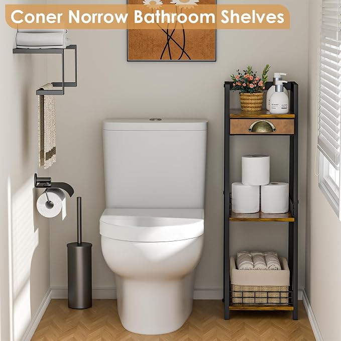 keomaisyto 3-Tier Narrow Bathroom Shelves with Drawer, Bathroom Organizers and Storage, Open Floor Ladder Shelf, Freestanding Tower Slim Standing Unit for Small Spaces - Rustic Brown