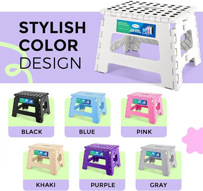 Dyforce Folding Step Stool 9 Inch, Kids Step Stool, Heavy Duty Step Stools for Adults, Compact Foot Stools, Light-Weight Toddler Step Stools for Kitchen, Bathroom, Holds Up to 300 lbs (White)