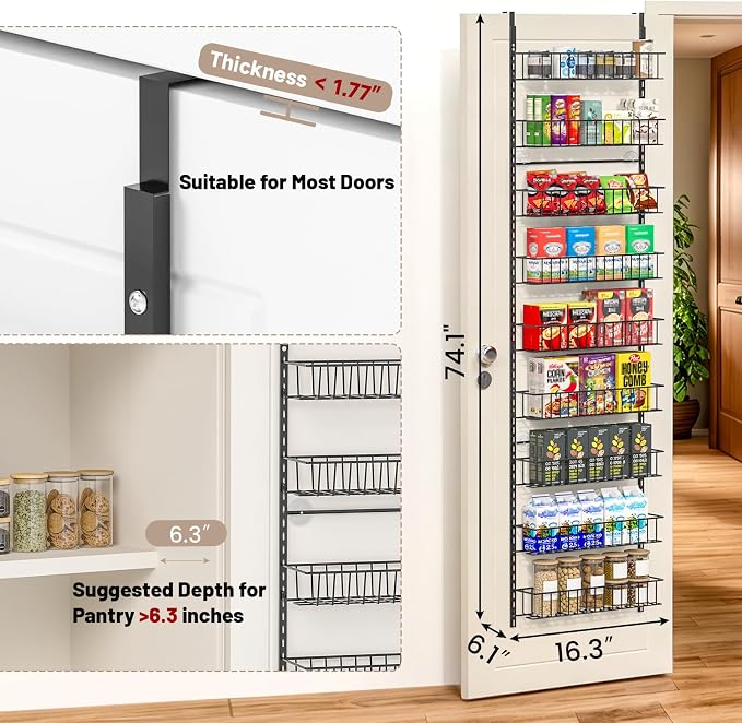 ElegantArray 9-Tier Pantry Door Oragnizer, Over The Door Pantry Organizer Rack and Storage, Hanging Spice Rack Shelves Door, Home Office Laundry Room Bathroom & Kitchen Organization, Black