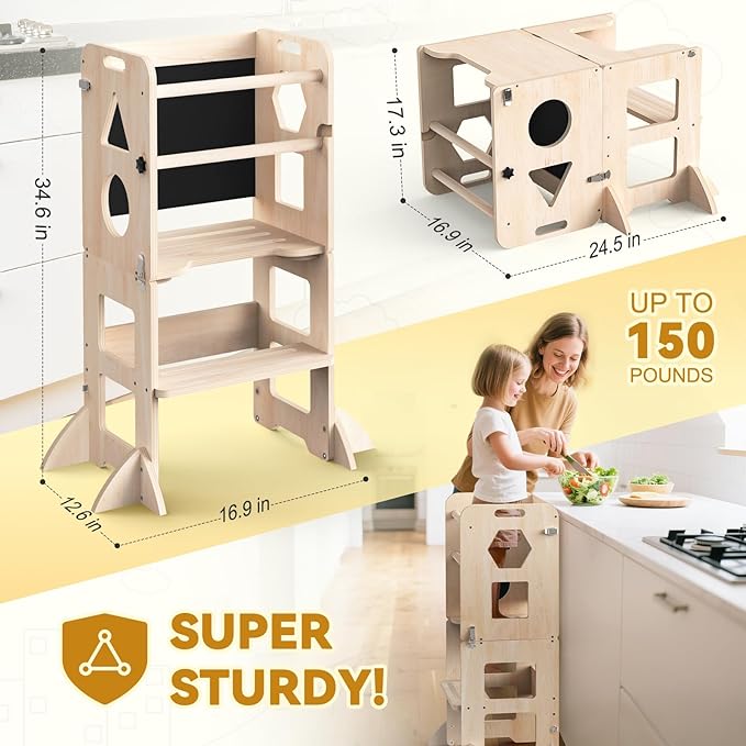 Woodure 3-in-1 Toddler Kitchen Step Stool, Foldable Learning Standing Tower with Blackboard, Wooden Kitchen Stool Helper for Kids