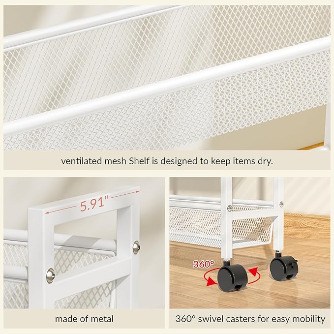 ThreeHio 6 Tier Slim Storage Cart, Narrow Cart with Wheels, Metal Mobile Shelving Unit Organizer for Bathroom, Kitchen, Laundry Room, Living Room & Narrow Spaces, White, 6in(W)