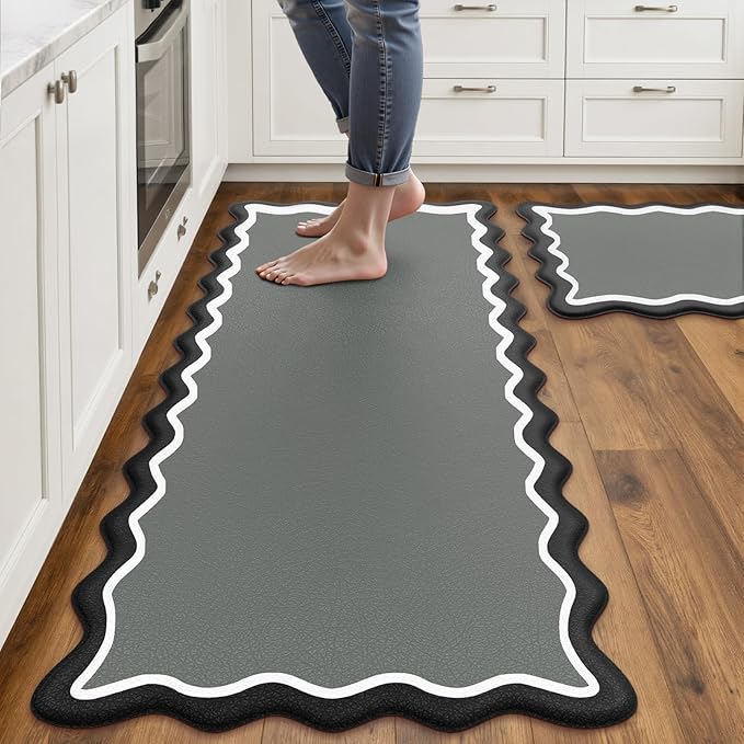 Arenarug Scalloped Black Gray Kitchen Mats Rugs Sets of 2 Cushioned Anti Fatigue Floor Mat Waterproof Kitchen Rugs Non Slip Foam Comfort Standing Mat for Sink Laundry, 17.3"x30"+17.3"x59"