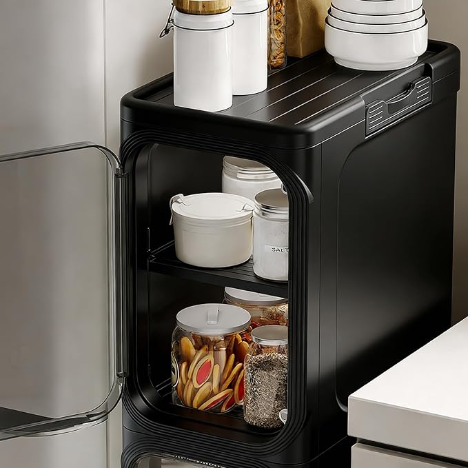 UFORU 1-Tier Tall Narrow Storage Cabinet- Plastic Slim Bathroom Storage Organizer with Magnetic Doors,Adjustable Shelves&Movable Wheels, Foldable Skinny Cabinet for Small Spaces,Kitchen, Black