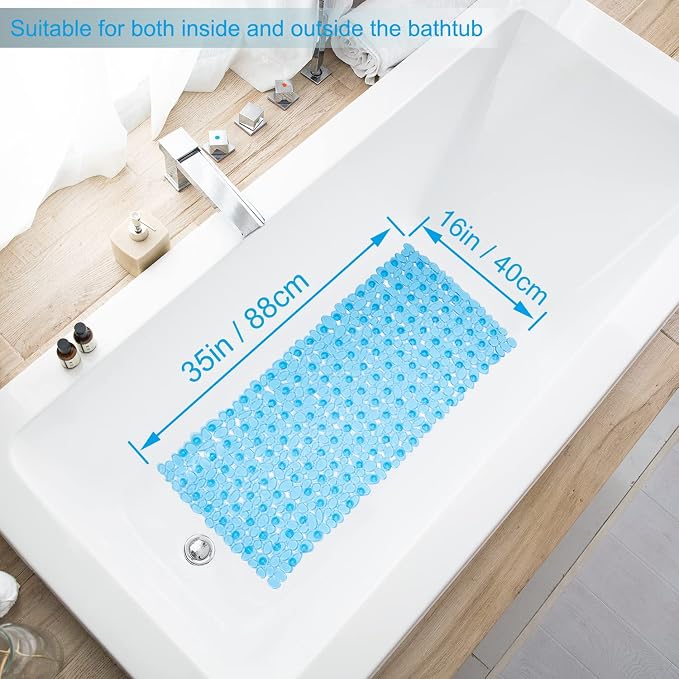 TEESHLY Bath Tub and Shower Mats, Non-Slip Pebble Bath Mat, 35 x 16 Inches Machine Washable Bathtub Mat with Drain Holes, Suction Cups for Bathroom (Clear Blue)