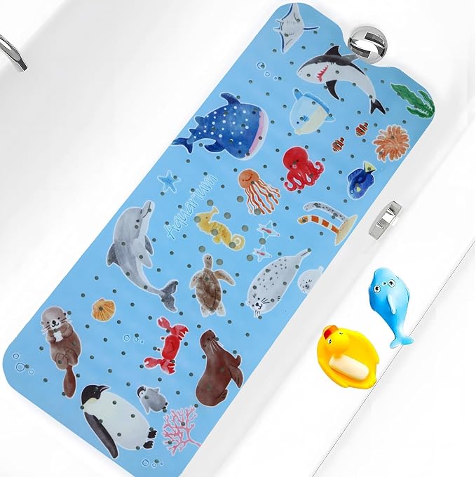 Bath Tub Shower Mat Non Slip Kids Bathtub Mat Anti Slip Baby Bath Mat for Tub 40 x 16 Inch Extra Long Toddler Bath Mat with Suction Cups and Drain Holes for Bathroom Floor,Penguin Seal