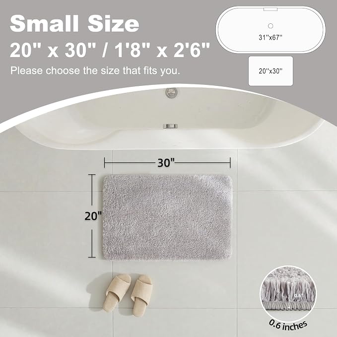 TYUU Bathroom Rugs Non Slip Washable, Ultra Soft Super Absorbent Quick Dry Small Bath Mat with Rubber Backing for Bathroom Floor, Shower, or Sink, Light Grey 20" x 30"