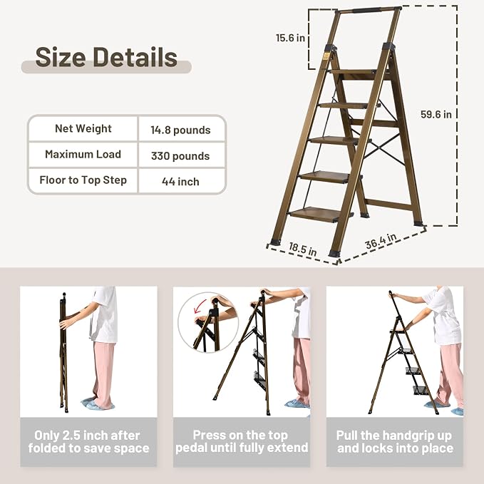 XinSunho 5 Step Ladder, Aluminum 5 Step Stool with Retractable Handrail and Anti-Slip Wide Pedal, Folding Stool Ladders 5 Steps, 330lbs Safety Household Slim Ladder
