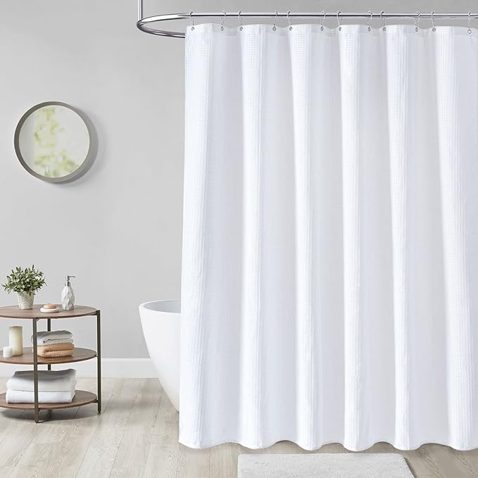 Dynamene 60 inch Stall Shower Curtain - Waffle Weave Heavy Duty Thick Fabric Shower Curtains for Bathroom,Weighted Hotel Spa Luxury Cloth Bath Curtain Set with 10 Plastic Hooks,60x72, White