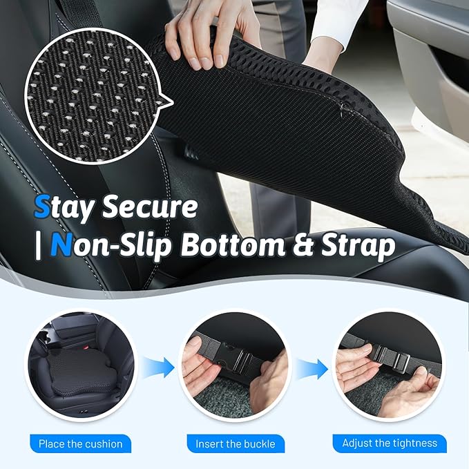 Wedge Car Seat Cushion for Better Visibility & Sciatica Pain Relief - High Density Memory Foam, Non-Slip Ergonomic Car Seat Cushion for Driving, Universal Fit for Car, SUV,Truck & Tractor (All Black)