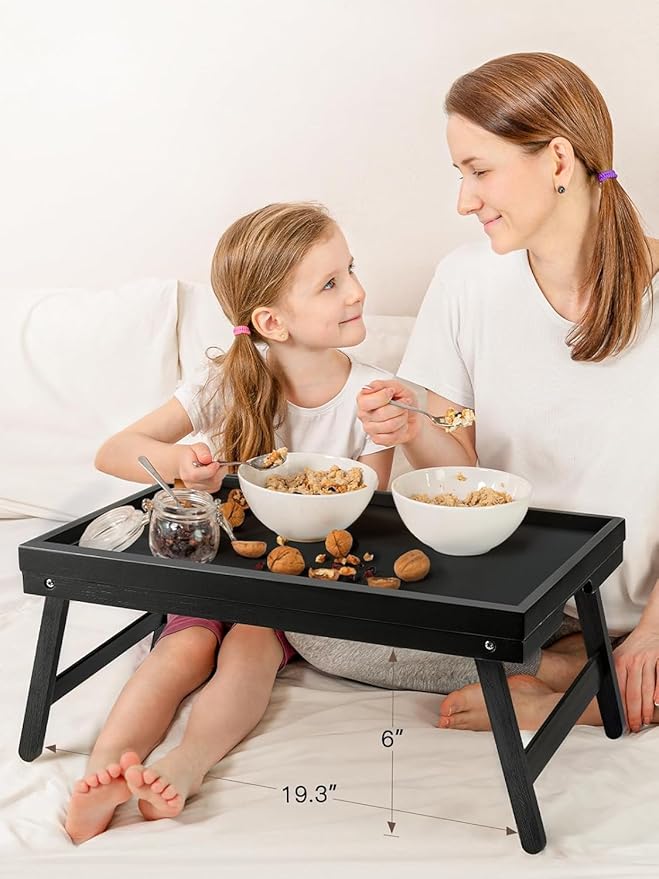 Bamboo Bed Tray Table with Foldable Legs, Breakfast Tray for Sofa, Bed, Eating, Working, Used As Laptop Desk Snack Tray by Pipishell (Black)