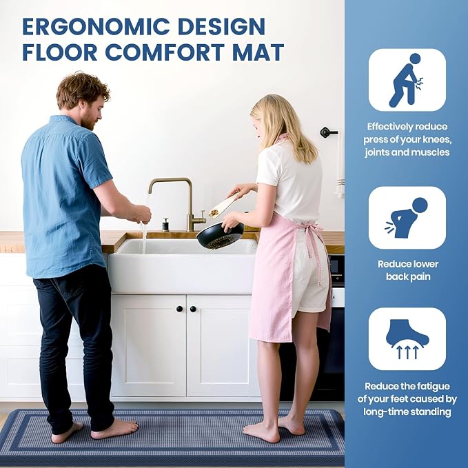 KitchenClouds [2 PCS Kitchen Rugs Cushioned Anti-Fatigue Kitchen Mats for Floor Waterproof Kitchen Rug Set Non-Slip Comfort Standing Mat for Office, Sink, Laundry 20"×30"+20"×60",Blue