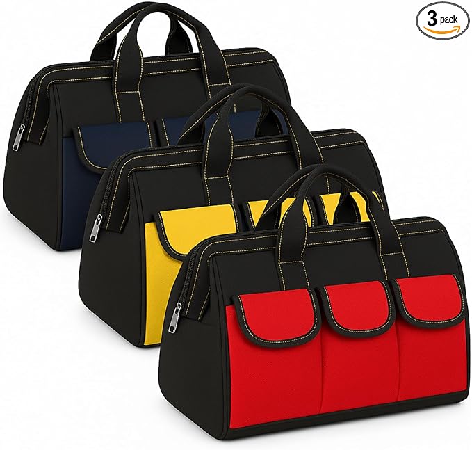 Sanwuta 3 Pack Tool Bag for Men with Waterproof Hard Bottom, Heavy Duty Tool Bag Wide Mouth Tote for Various Instrument, Electrician Carpenter Mechanic(Black Red, Blue, Yellow,16 Inch,Classic)