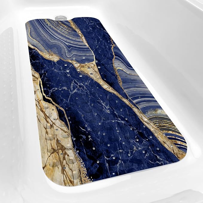 Bathtub Mat Non Slip, 40x16 inch Bath and Shower Safety Mats, Blue Marble and Golden Veins Tub Mat for Bathroom, Tub Shower Mat with Drain Holes and Suction Cups