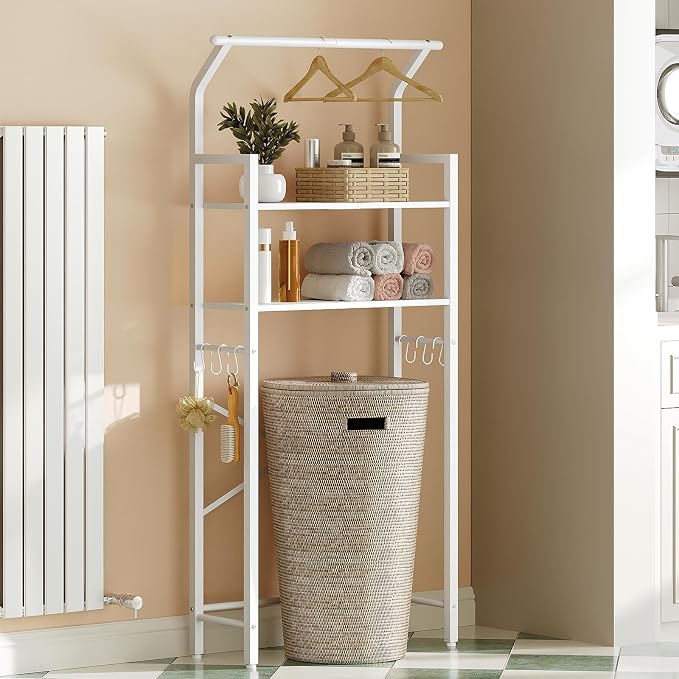 YATINEY 2-Tier Over The Toilet Storage, Multifunctional Vertical Over Toilet Bathroom Organizer, Freestanding Bathroom Storage Shelves with Hooks, Bathroom Organizer, Rustic Brown and Black TR01WT