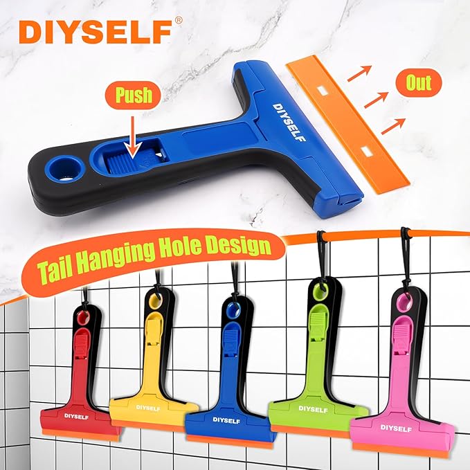 DIYSELF 1 Pack Plastic Razor Blade Scraper with 5 Pcs 4-Inch Plastic Razor Blades, Plastic Scraper Tool for Cleaning, Gasket and Decal Remover for Glass, Stovetop, Labels, Stickers & Paint Removal