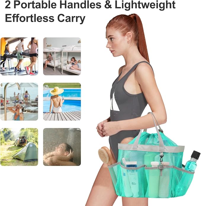 F-color Mesh Shower Caddy Portable with Drawstring - Large 8 Pockets Dorm Room Essentials for Guys Girls with S Hook, Shower Bag Basket Tote for College Camping Gym Travel Bathroom, 2 Pack Mint Green