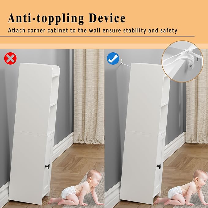 Lomojo Small Bathroom Storage Cabinet Corner, Floor Cabinet with Adjustable Shelves, Freestanding Narrow Bathroom Toilet Paper Organizers for Small Spaces, White