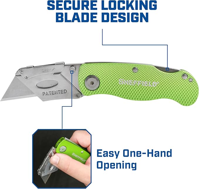 Sheffield Folding Utility Knife, Accepts Standard Utility Knife Blades, Box Cutter Aluminum Handle, Razor Blades Included, For Home, Office, Trades, and Warehouse