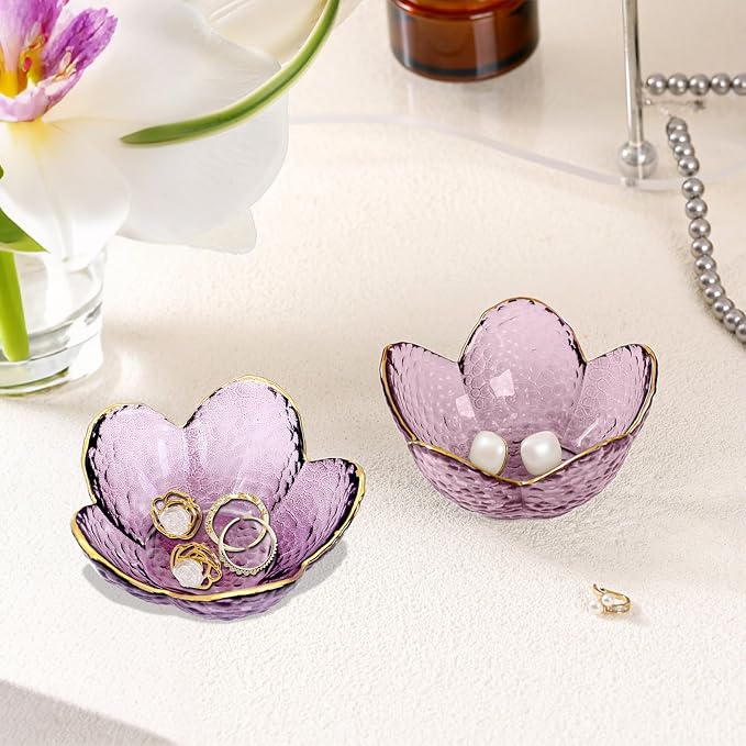 Gifts for Women Purple Flower Jewelry Dish Glass Ring Holder Decorative Jewelry Tray Cute Vanity Room Decor Aesthetic Nightstand Bathroom Decor Trinket Dish Friendship Christmas Birthday Gifts (2pcs)