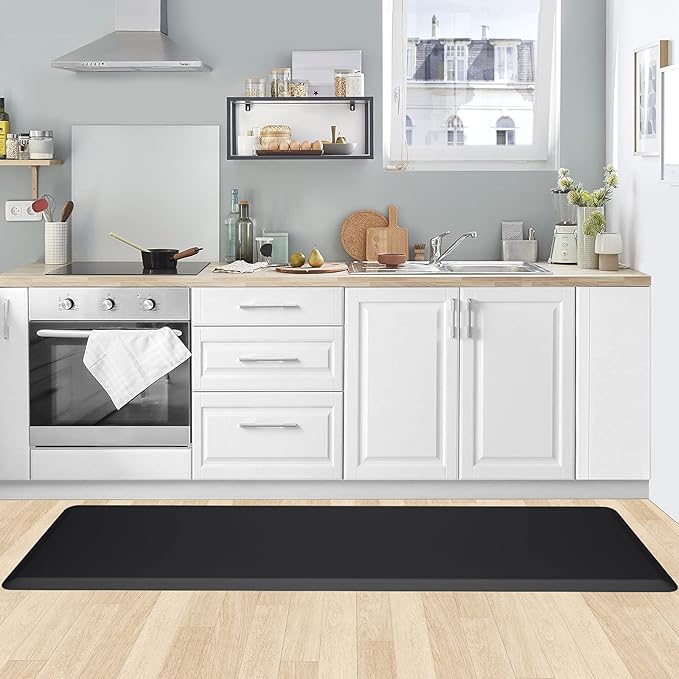 KitchenClouds Kitchen Mat Cushioned Anti Fatigue Rug 17.3"x60" Water Resistant Non Slip Standing Desk Mat Comfort Floor Mats for House Sink Office (Black)