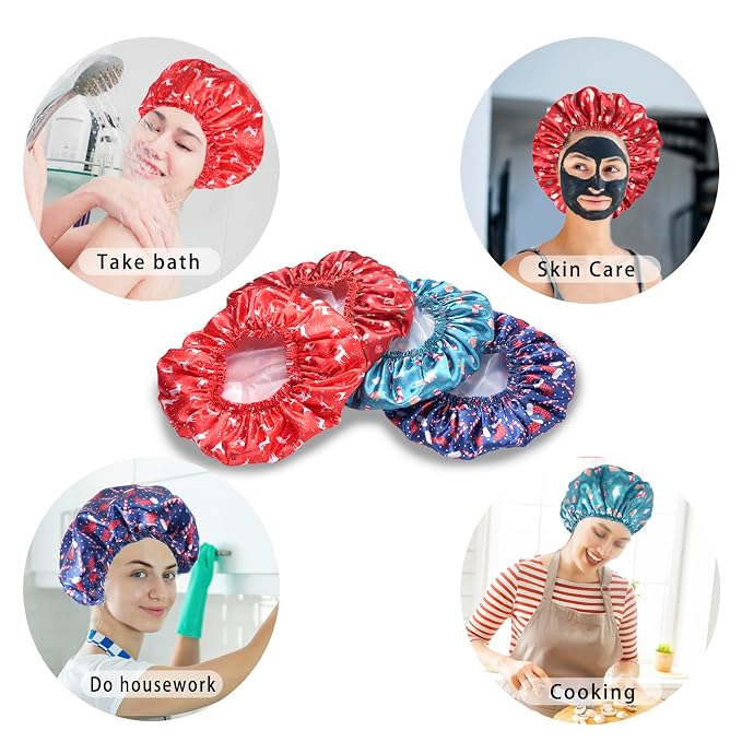 4 PCS Shower Cap for Women, Elastic and Reusable Bath Caps, Double Layers Shower Caps Reusable Waterproof, Bathing Shower Caps, Environmental Bath Hair Protection Cap - Chrismas Pattern