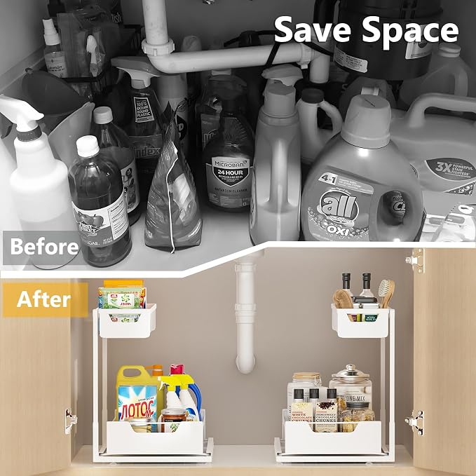 Ceetug Under Kitchen Sink Organizers and Storage Pull Out 2 Tier Metal Bathroom Cabinet Organizer (White, 1 Pack)