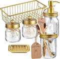 SheeChung 6Pcs Mason Jars Bathroom Accessories Set Complete - Toothbrush Holder, Lotion Soap Dispenser, 2 Mason Jars, Soap Dish, Toilet Paper Basket, Rustic Farmhouse Decor (Gold, 6Pcs Bathroom Set)