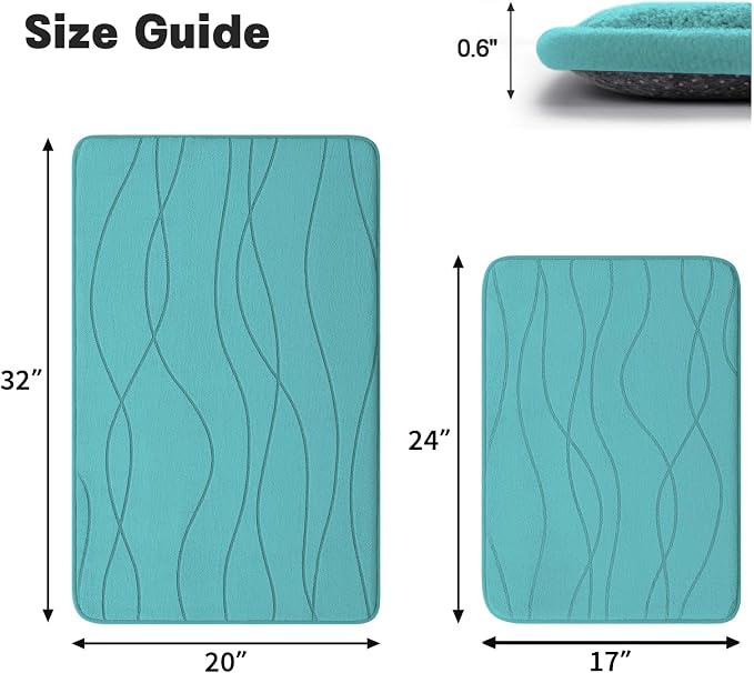 YIHOUSE Memory Foam Bathroom Rug Sets, Teal, 2 Piece (17"x24"+20"x32") | Ultra Soft, Absorbent, Non-Slip, Machine Washable