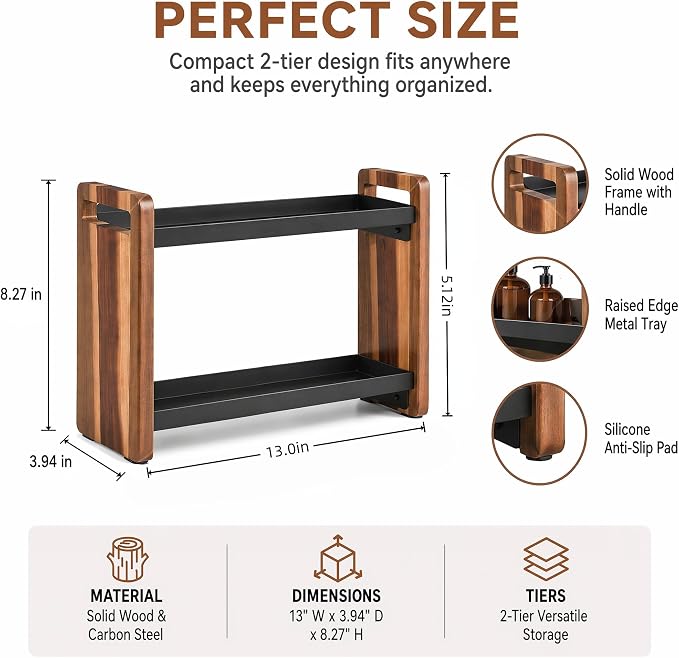 Narrow Solid Wood Bathroom Counter Organizer, Space-Saving Bathroom Storage Rack for Vanity, Multi-Purpose Kitchen Spice Rack & Bedroom Makeup Organizer(Acacia, 2 Tier)