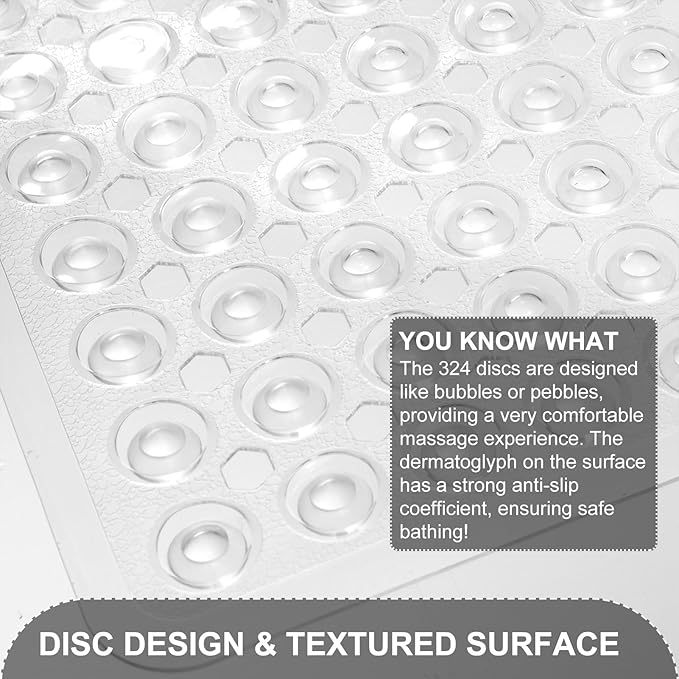 TEESHLY Bath Mat for Tub & Shower, Non Slip Soft Bathmat with Suction Cups & Drain Holes, Machine Washable Bathtub Floor Liner Mats for Bathroom, 35x16 Inch, Clear
