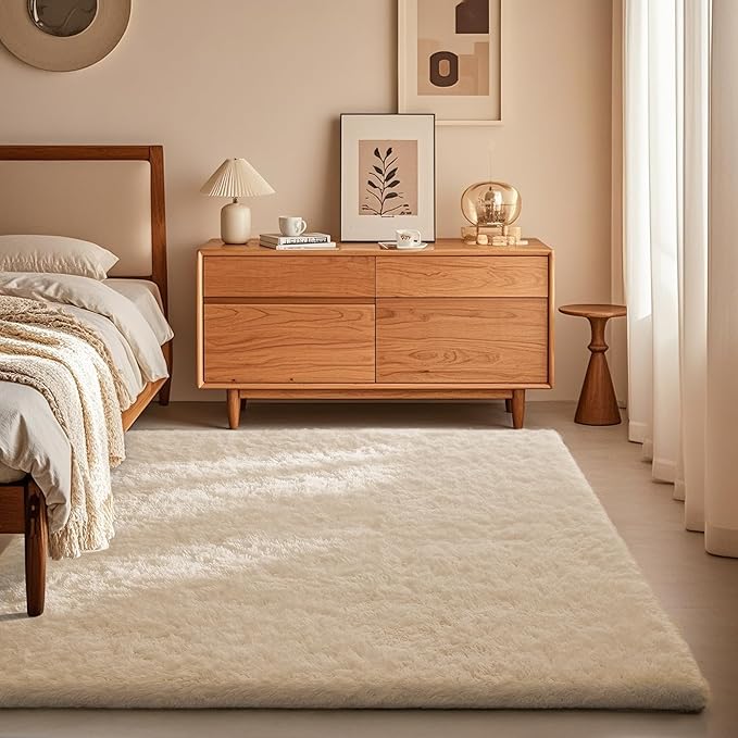 Ophanie Area Rugs for Bedroom, Christmas Upgrade Non-Slip Ivory Fluffy Soft Shag Living Room Carpet, Indoor Floor 4x6 Fuzzy Shaggy Plush Nursery Rug for Kids Home Dorm Decor Aesthetic