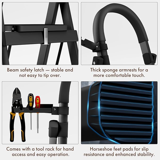 Folding Step Ladder, 4-Step Multi-Functional Alloy Ladder, Heavy Duty Metal, Wide Pedals, Anti-Slip, Collapsible to 5cm, with Tool Rack & Sponge Handrail for Home, Indoor & Engineering Use