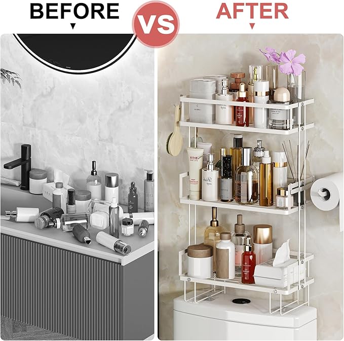 Godboat Bathroom Organizers and Storage, 3-Tier Over The Toilet Storage, Wall Shelf with Paper Holder and 2 Hooks, No Drilling Cool Decor and Home Decor, Gifts for Women, Mom, Mothers Day (White)