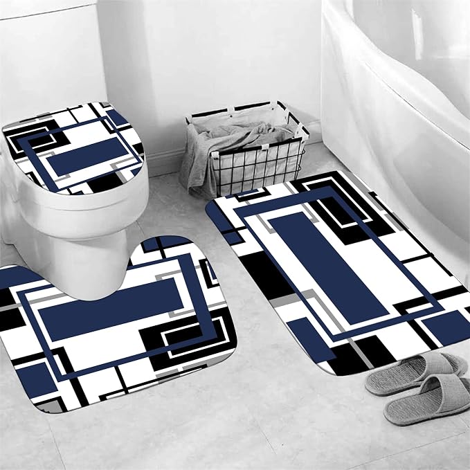 Yddsky 4 Pcs Blue Geometric Shower Curtain Sets with Rugs Blue Bathroom Sets with Shower Curtain and Rugs Modern Bathroom Curtains Shower Set with Toilet Lid Cover for Bathroom Decor Accessories