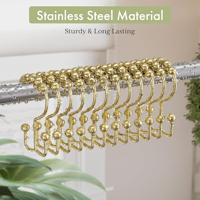 Amazer Gold Shower Curtain Hooks Rings, Stainless Steel Shower Curtain Rings, 12Pcs Double Glide Shower Hooks for Bathroom Shower Curtain Rods Dual Rust-Resistant Shower Rings
