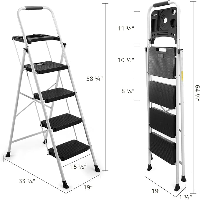 4-Step Ladder with Wide Anti-Slip Platform & Thick Rubber Feet | Heavy Duty Foldable & Portable | 330 lbs Capacity, Steel Frame, Rubber Handgrip, Folding Step Stool